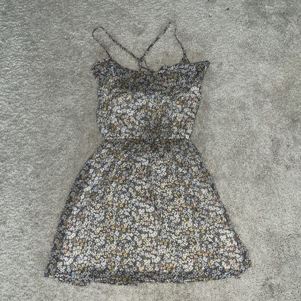 Hollister Cross-strap Grey/Multicolor Ruffled Floral Mini Dress - Size XS